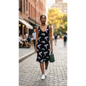 Loft Black White Palm Leaf Print Crisscross Back Shift Dress Sundress Large L